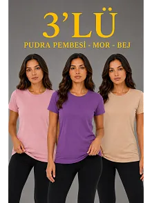 Kadın 3’lü Kısa Kollu Bisiklet Yaka Basic Slim Fit T-shirt - Pudra Pembe - Mor - Bej