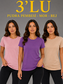 Kadın 3’lü Kısa Kollu Bisiklet Yaka Basic Slim Fit T-shirt - Pudra Pembe - Mor - Bej