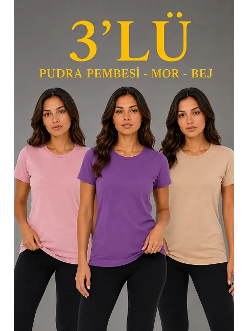 Kadın 3’lü Kısa Kollu Bisiklet Yaka Basic Slim Fit T-shirt - Pudra Pembe - Mor - Bej