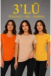 Kadın 3’lü Kısa Kollu Bisiklet Yaka Basic Slim Fit T-shirt - Turuncu - Bej - Hardal