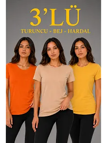 Kadın 3’lü Kısa Kollu Bisiklet Yaka Basic Slim Fit T-shirt - Turuncu - Bej - Hardal