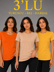 Kadın 3’lü Kısa Kollu Bisiklet Yaka Basic Slim Fit T-shirt - Turuncu - Bej - Hardal