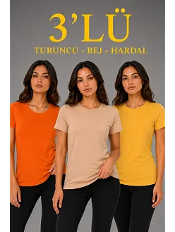 Kadın 3’lü Kısa Kollu Bisiklet Yaka Basic Slim Fit T-shirt - Turuncu - Bej - Hardal