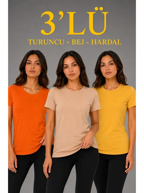Kadın 3’lü Kısa Kollu Bisiklet Yaka Basic Slim Fit T-shirt - Turuncu - Bej - Hardal