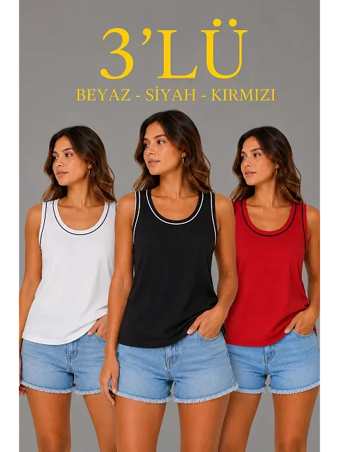 Kadın 3’lü Kolsuz Sporcu Atlet Seti Yazlık Bisiklet Yakalı - Beyaz, Siyah, Kırmızı Kadın 3’lü Kolsuz Sporcu Atlet Seti Yazlık Bisiklet Yakalı - Beyaz, Siyah, Kırmızı