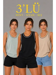 Kadın 3’lü Kolsuz Sporcu Atlet Seti Yazlık Bisiklet Yakalı - Mint Yeşili, Siyah, Bej