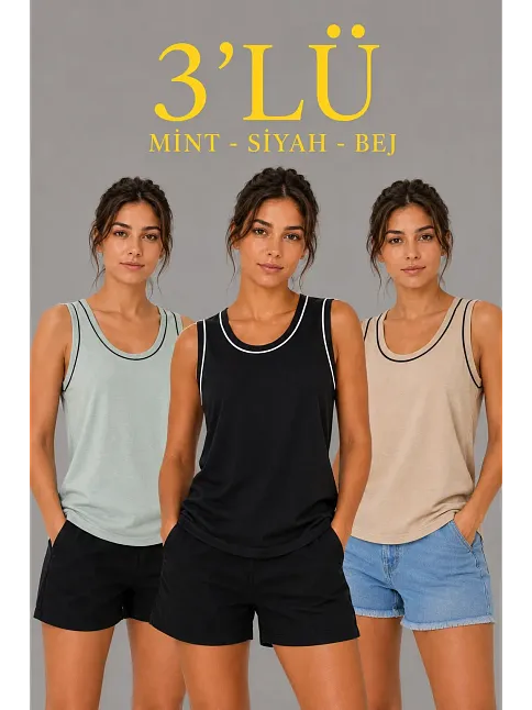 Kadın 3’lü Kolsuz Sporcu Atlet Seti Yazlık Bisiklet Yakalı - Mint Yeşili, Siyah, Bej Kadın 3’lü Kolsuz Sporcu Atlet Seti Yazlık Bisiklet Yakalı - Mint Yeşili, Siyah, Bej