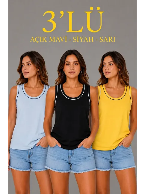 Kadın 3’lü Kolsuz Sporcu Atlet Seti Yazlık Bisiklet Yakalı - Sarı, Siyah, Bebe Mavisi Kadın 3’lü Kolsuz Sporcu Atlet Seti Yazlık Bisiklet Yakalı - Sarı, Siyah, Bebe Mavisi