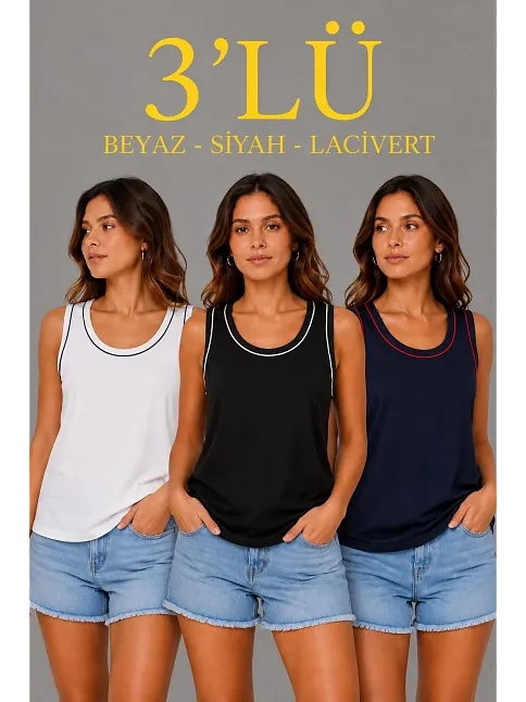 Kadın 3’lü Kolsuz Sporcu Atlet Seti Yazlık Bisiklet Yakalı - Siyah, Lacivert, Beyaz Kadın 3’lü Kolsuz Sporcu Atlet Seti Yazlık Bisiklet Yakalı - Siyah, Lacivert, Beyaz