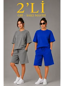 Kadın 2’li Oversize Tişört Şort Takım Seti Yazlık İki İplik Kumaş - Gri, Saks Mavisi