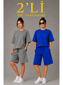 Kadın 2’li Oversize Tişört Şort Takım Seti Yazlık İki İplik Kumaş - Gri, Saks Mavisi