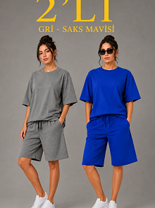 Kadın 2’li Oversize Tişört Şort Takım Seti Yazlık İki İplik Kumaş - Gri, Saks Mavisi