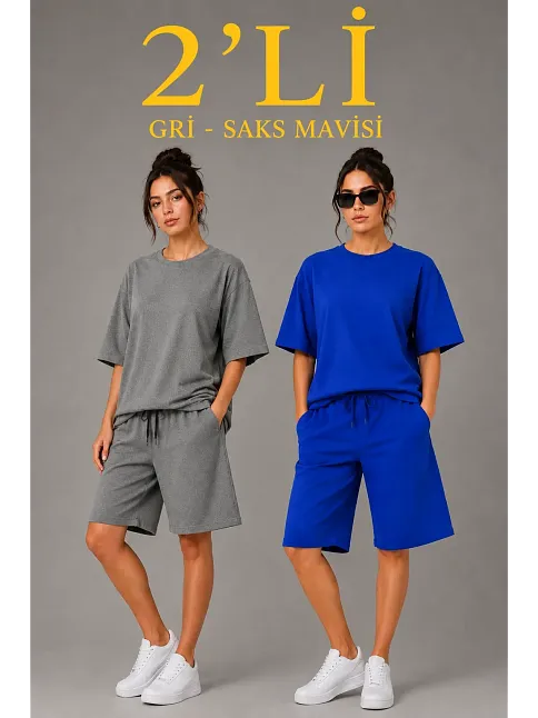 Kadın 2’li Oversize Tişört Şort Takım Seti Yazlık İki İplik Kumaş - Gri, Saks Mavisi