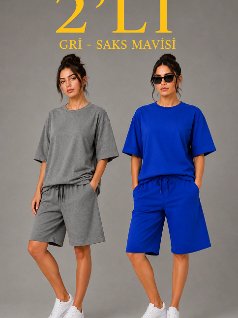 Kadın 2’li Oversize Tişört Şort Takım Seti Yazlık İki İplik Kumaş - Gri, Saks Mavisi Kadın 2’li Oversize Tişört Şort Takım Seti Yazlık İki İplik Kumaş - Gri, Saks Mavisi