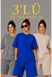 Kadın 3’lü Oversize Tişört Şort Takım Seti Yazlık İki İplik Kumaş - Gri, Saks Mavisi, Bej