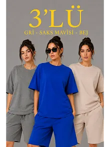 Kadın 3’lü Oversize Tişört Şort Takım Seti Yazlık İki İplik Kumaş - Gri, Saks Mavisi, Bej