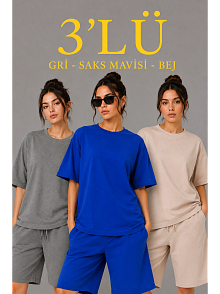 Kadın 3’lü Oversize Tişört Şort Takım Seti Yazlık İki İplik Kumaş - Gri, Saks Mavisi, Bej
