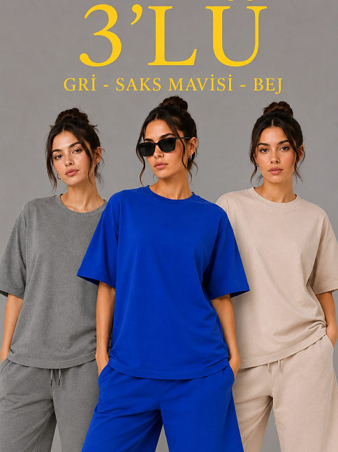 Kadın 3’lü Oversize Tişört Şort Takım Seti Yazlık İki İplik Kumaş - Gri, Saks Mavisi, Bej Kadın 3’lü Oversize Tişört Şort Takım Seti Yazlık İki İplik Kumaş - Gri, Saks Mavisi, Bej