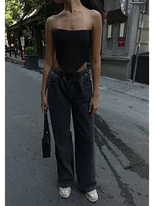 Kadın Arkadan Yırtmaçlı Jeans Kot Palazzo Pantolon - Siyah
