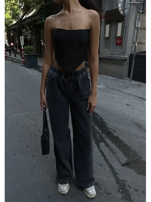 Kadın Arkadan Yırtmaçlı Jeans Kot Palazzo Pantolon - Siyah