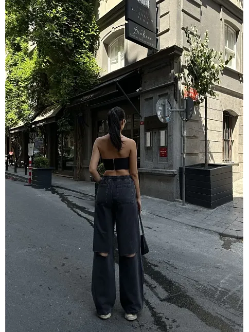 Kadın Arkadan Yırtmaçlı Jeans Kot Palazzo Pantolon - Siyah