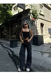 Kadın Arkadan Yırtmaçlı Jeans Kot Palazzo Pantolon - Siyah