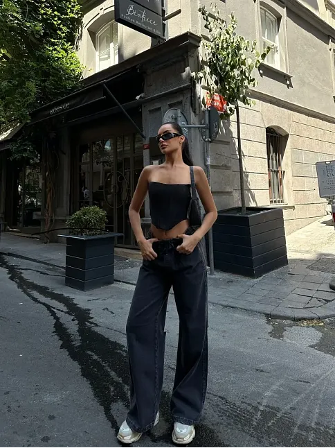 Kadın Arkadan Yırtmaçlı Jeans Kot Palazzo Pantolon - Siyah