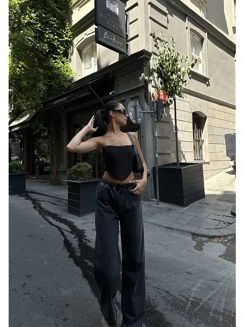 Kadın Arkadan Yırtmaçlı Jeans Kot Palazzo Pantolon - Siyah