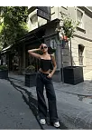 Kadın Arkadan Yırtmaçlı Jeans Kot Palazzo Pantolon - Siyah