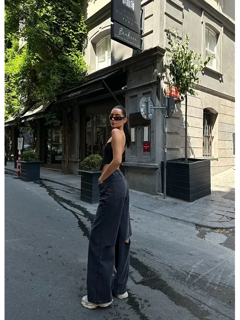 Kadın Arkadan Yırtmaçlı Jeans Kot Palazzo Pantolon - Siyah