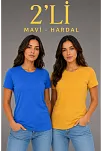 Kadın Basic Bisiklet Yaka Yazlık Slim Fit T-shirt - Mavi & Hardal Sarısı