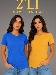 Kadın Basic Bisiklet Yaka Yazlık Slim Fit T-shirt - Mavi & Hardal Sarısı