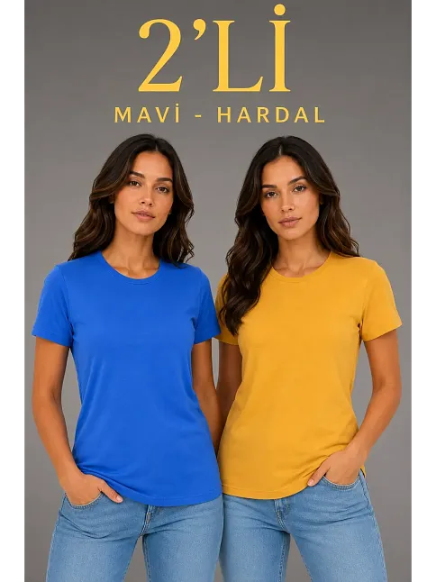 Kadın Basic Bisiklet Yaka Yazlık Slim Fit T-shirt - Mavi & Hardal Sarısı