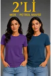 Kadın Basic Bisiklet Yaka Yazlık Slim Fit T-shirt - Mor & Petrol Mavisi