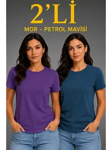 Kadın Basic Bisiklet Yaka Yazlık Slim Fit T-shirt - Mor & Petrol Mavisi