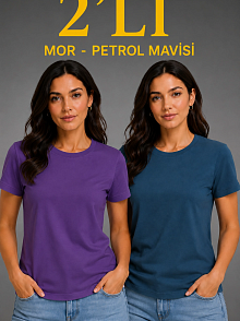 Kadın Basic Bisiklet Yaka Yazlık Slim Fit T-shirt - Mor & Petrol Mavisi