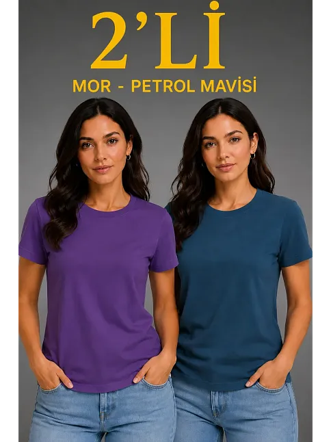 Kadın Basic Bisiklet Yaka Yazlık Slim Fit T-shirt - Mor & Petrol Mavisi