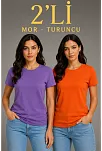Kadın Basic Bisiklet Yaka Yazlık Slim Fit T-shirt - Mor  & Turuncu