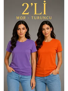 Kadın Basic Bisiklet Yaka Yazlık Slim Fit T-shirt - Mor  & Turuncu