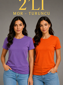 Kadın Basic Bisiklet Yaka Yazlık Slim Fit T-shirt - Mor  & Turuncu