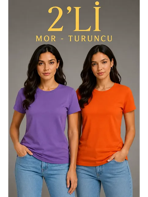 Kadın Basic Bisiklet Yaka Yazlık Slim Fit T-shirt - Mor  & Turuncu