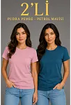 Kadın Basic Bisiklet Yaka Yazlık Slim Fit T-shirt - Pudra Pembe & Petrol Mavi