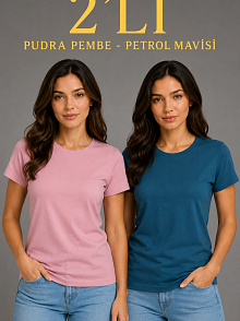 Kadın Basic Bisiklet Yaka Yazlık Slim Fit T-shirt - Pudra Pembe & Petrol Mavi