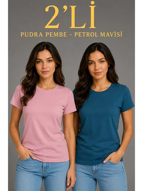 Kadın Basic Bisiklet Yaka Yazlık Slim Fit T-shirt - Pudra Pembe & Petrol Mavi