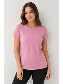 Kadın Basic Bisiklet Yaka Yazlık Slim Fit T-shirt - Pudra Pembe & Petrol Mavi