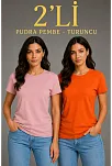 Kadın Basic Bisiklet Yaka Yazlık Slim Fit T-shirt - Pudra Pembe & Turuncu