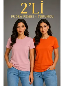 Kadın Basic Bisiklet Yaka Yazlık Slim Fit T-shirt - Pudra Pembe & Turuncu