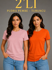 Kadın Basic Bisiklet Yaka Yazlık Slim Fit T-shirt - Pudra Pembe & Turuncu