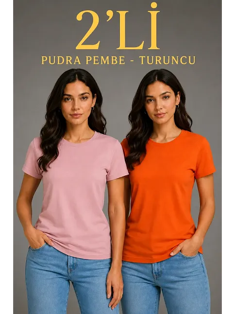 Kadın Basic Bisiklet Yaka Yazlık Slim Fit T-shirt - Pudra Pembe & Turuncu