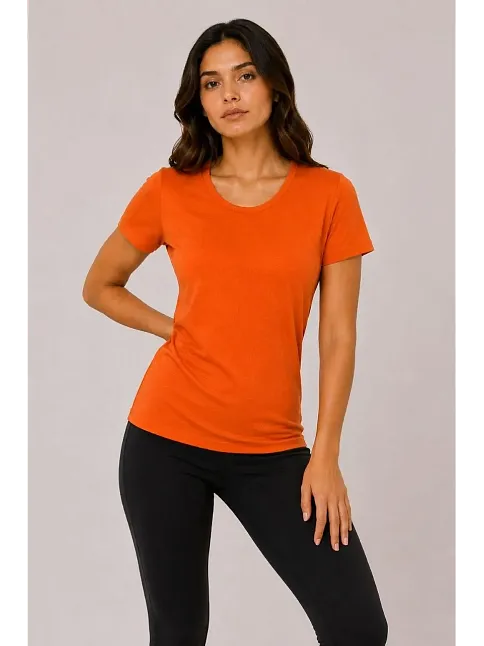 Kadın Basic Bisiklet Yaka Yazlık Slim Fit T-shirt - Pudra Pembe & Turuncu